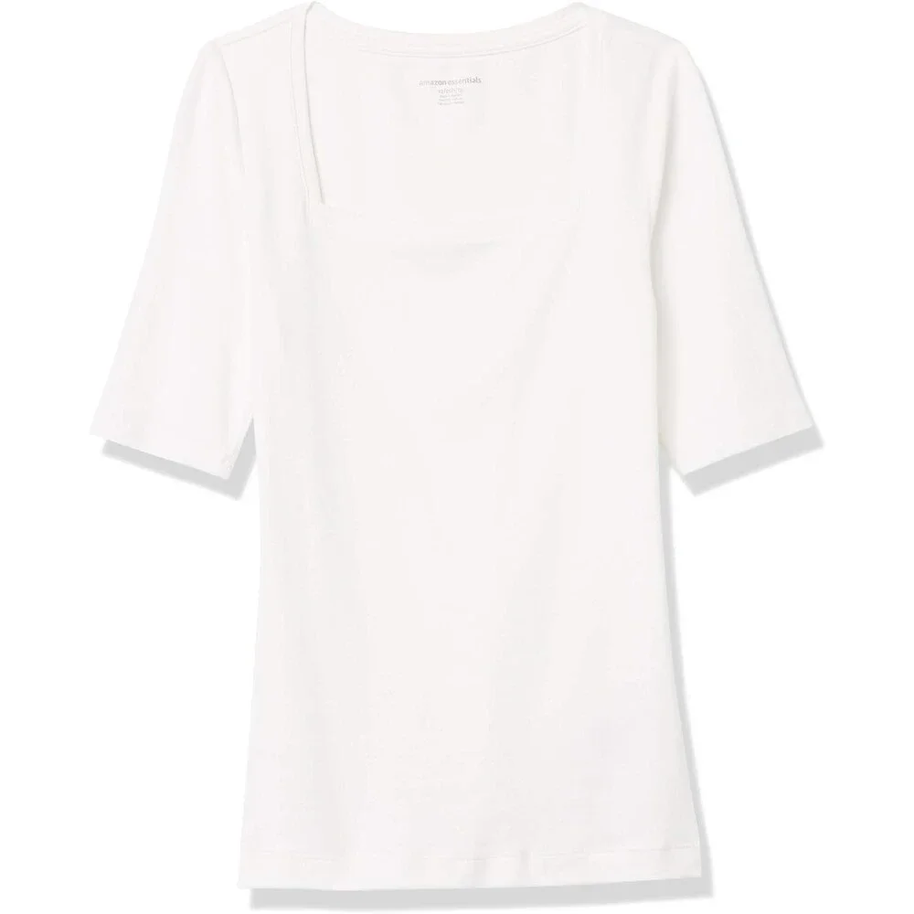 Essentials Women's Slim-Fit Half Sleeve Square Neck T-Shirt, Bright White Small - Picture 6 of 7
